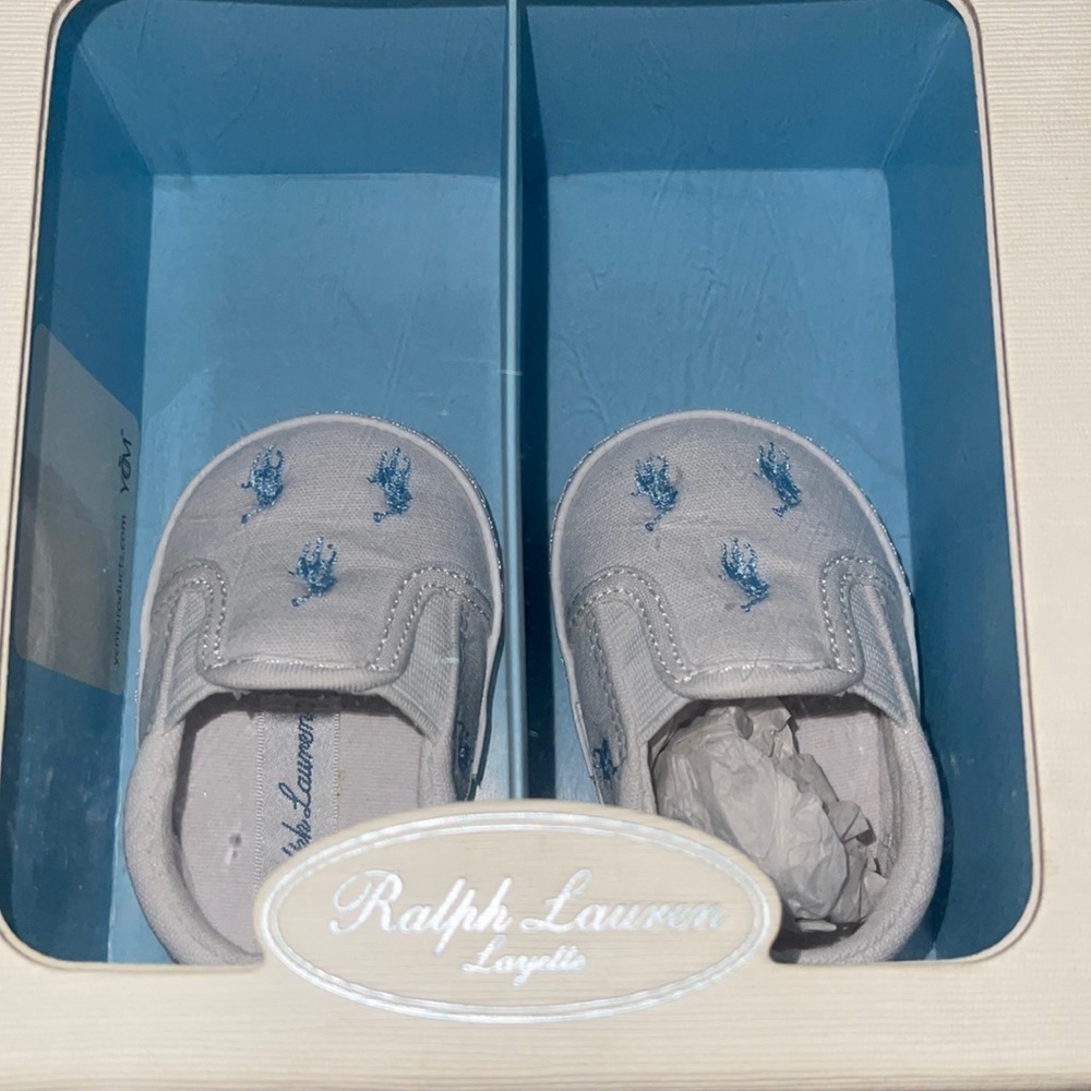 Ralph Lauren baby boy canvas polo shoes size 0… never worn still in box